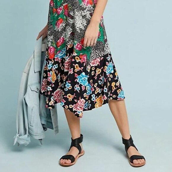 Anthropologie Midi Dress 2 Sleeveless Floral A-Line V-Neck Asymmetric Hem Spring - Picture 11 of 12